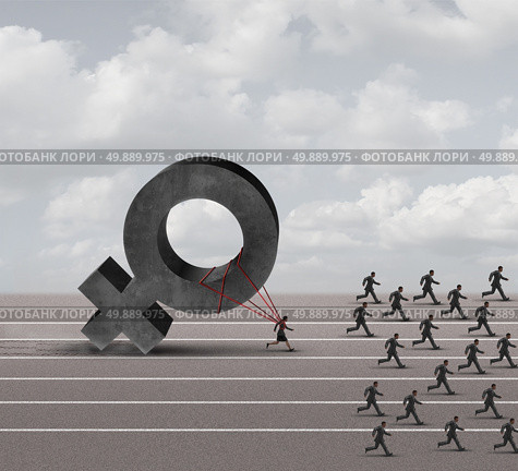 Sexism descrimination concept as a struggling woman with the burden of pulling a heavy female 3D illustration symbol falling behind a group of running businessmen or men as an unfair gender bias icon. Стоковое фото, агентство Ingram Publishing / Фотобанк Лори