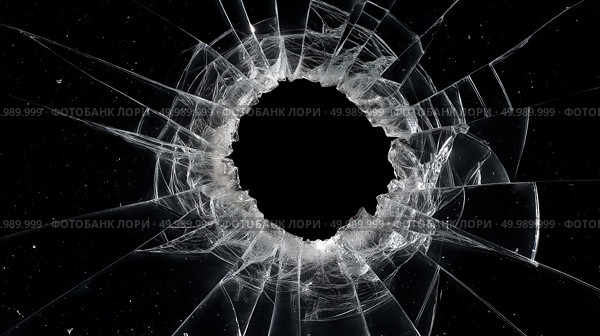 Shattered glass with cracks radiating from a central hole on a black background. Стоковое AI-изображение, AI-художник Katsiaryna Repich / Фотобанк Лори