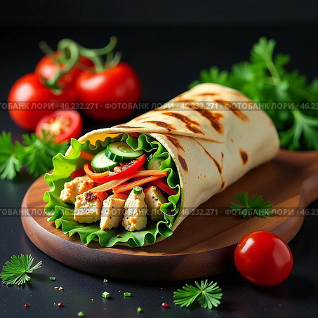 Шаурма с курицей и овощами на деревянной доске с соусом на столе, украшенном зеленью и помидорами черри. Быстрое питание, служба доставки. Shawarma with chicken and vegetables on a wooden board with sauce on a table decorated with greens and cherry tomatoes. Fast food, delivery service. Стоковое AI-изображение, AI-художник Гер Олег / Фотобанк Лори