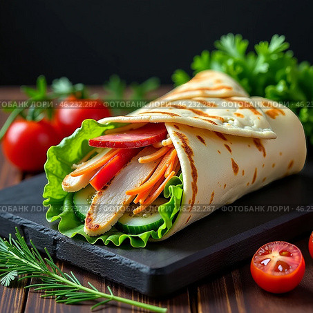 Шаурма с курицей и овощами на деревянной доске с соусом на столе, украшенном зеленью и помидорами черри. Быстрое питание, служба доставки. Shawarma with chicken and vegetables on a wooden board with sauce on a table decorated with greens and cherry tomatoes. Fast food, delivery service. Стоковое AI-изображение, AI-художник Гер Олег / Фотобанк Лори