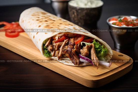 Shawarma with chicken and garlic sauce on wooden board. Closeup. Стоковое AI-изображение, AI-художник Ирина Ручушкина / Фотобанк Лори