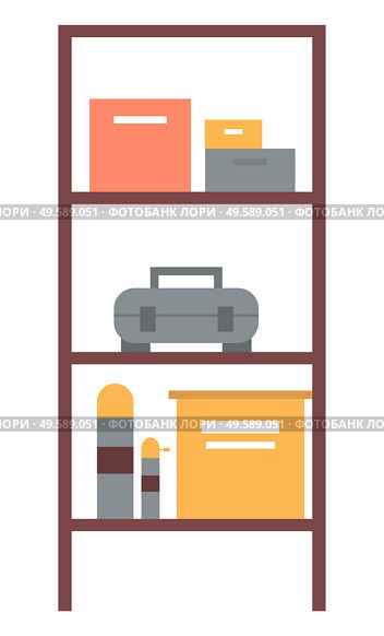 Shelf with colorful boxes and cases, wooden construction with geometric volumes, toolbox or locker object, garage equipment, workshop element vector. Workshop Shelf with Boxes, Toolbox Sign Vector. Стоковая иллюстрация, агентство Ingram Publishing / Фотобанк Лори