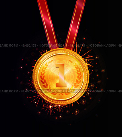 Shiny honorable gold medal for first place win. Prize outstanding achievements in sport. Award with sparkles hang on ribbon vector illustration.. Shiny Honorable Gold Medal for First Place Win. Стоковая иллюстрация, агентство Ingram Publishing / Фотобанк Лори