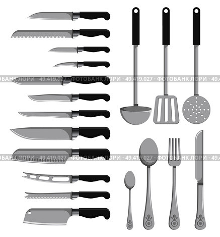 Shiny metal kitchenware icon isolated on white background. Vector illustration with collection of knives, spoons and scoops made of stainless steel. Shiny Metal Kitchenware Icon Vector Illustration. Стоковая иллюстрация, агентство Ingram Publishing / Фотобанк Лори