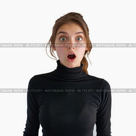 Shocked young woman opening her mouth in amazement. Стоковое AI-изображение, AI-художник Иван Рябоконь / Фотобанк Лори