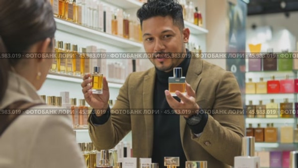 Shop assistant showing two perfumes to a customer. Стоковое AI-видео, аниматор Юрий Поздников / Фотобанк Лори