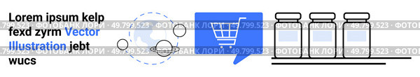 Shopping cart icon, three jars on shelves, and planet with orbiting elements in grayscale and blue colors. Ideal for e-commerce websites, digital marketplaces, online stores, product catalogs, global. E-Commerce Concept with Shopping Cart, Planet, and Product Jars for Marketplaces and Stores. Стоковая иллюстрация, агентство Ingram Publishing / Фотобанк Лори