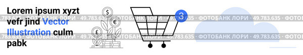Shopping cart with notification, growing money plant, and cloud icon. Ideal for e-commerce, online shopping, digital marketing, financial growth, cloud storage, notifications, web design. Landing. Online Shopping with Cart, Financial Growth, and Cloud Storage Integration. Стоковая иллюстрация, агентство Ingram Publishing / Фотобанк Лори