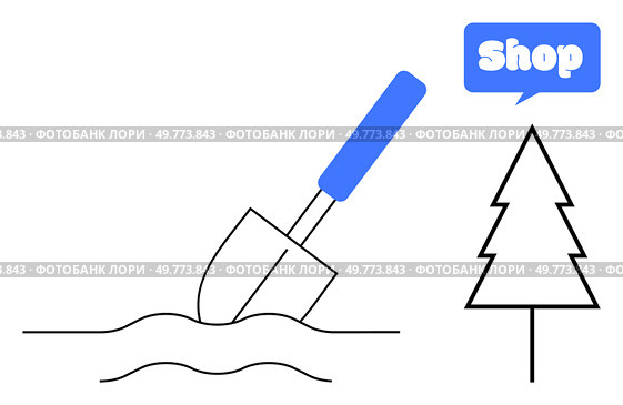 Shovel in soil with evergreen tree and shop sign. Ideal for gardening, tree planting, landscaping, environmental conservation, and plant care. Simple and modern vector style with blue and black. Planting Tree with Shovel and Shop Sign Illustration. Стоковая иллюстрация, агентство Ingram Publishing / Фотобанк Лори
