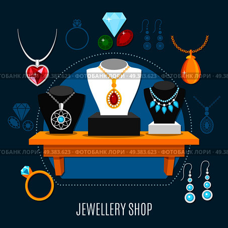 Showcase of jewelry shop with necklaces on dummies, gems, earrings, rings composition on blue background vector illustration. Showcase Jewelry Shop Composition. Стоковая иллюстрация, агентство Ingram Publishing / Фотобанк Лори