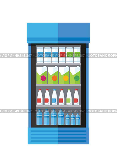 Showcase Refrigerator Drinks. Blue showcase refrigerator for cooling drinks in bottles. Different colored bottles in blue drinks fridge. Fridge dispenser cooling machine. Isolated object in flat design on white background. Стоковая иллюстрация, агентство Ingram Publishing / Фотобанк Лори