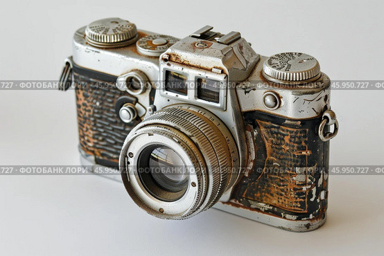 Showing old rusty rangefinder camera with cracked leather and dials. Стоковое AI-изображение, AI-художник Иван Рябоконь / Фотобанк Лори
