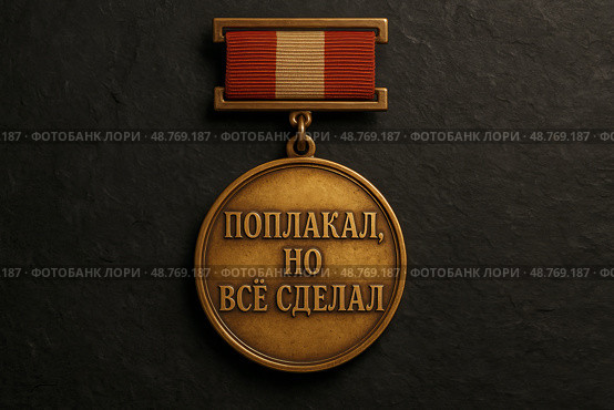 Шуточная медаль для детей "Поплакал, но всё сделал" на грубом темном фоне. Награда за активность, упорство и преодоление себя. Стоковое фото, фотограф Sergei Gorin / Фотобанк Лори