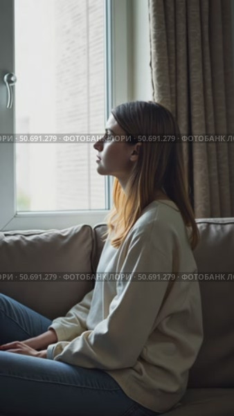 Side view young woman looking away at window sitting on couch at home. Frustrated confused female feels unhappy problem in personal life quarrel break up with boyfriend or unexpected news. Стоковое AI-видео, аниматор Sergey Grishin / Фотобанк Лори