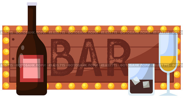 Signboard decorated with bulbs. Advertising plaque for bar or cocktail lounge. Bar inscription on sign with pink background and lights next to bottles. Alcoholic cocktails and drinks in glasses. Bar inscription on sign with pink background and lights next to bottles and alcoholic cocktails. Стоковая иллюстрация, агентство Ingram Publishing / Фотобанк Лори