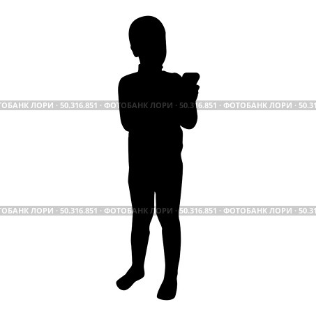 Silhouette boy holding smartphone phone playing tablet male using communication tool adolescent looking phone addiction concept dependency from modern technologies black color vector illustration flat style simple image. Silhouette boy holding smartphone phone playing tablet male using communication tool adolescent looking phone addiction concept dependency from modern technologies black color vector illustration flat style image. Стоковая иллюстрация, агентство Ingram Publishing / Фотобанк Лори