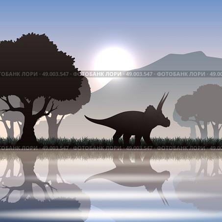 Silhouette dinosaur in landscape. Triceratops dinosaur silhouette in scenic landscape with lake mountain and giant trees vector illustration. Стоковая иллюстрация, агентство Ingram Publishing / Фотобанк Лори