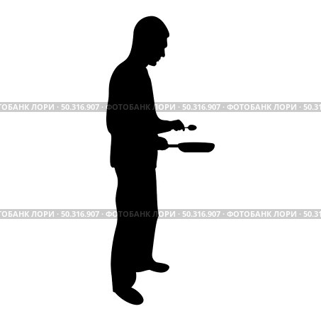 Silhouette man holds frying pan spoon chef holding kitchen utensil professional using kitchen staff concept domestic prepair food black color vector illustration flat style simple image. Silhouette man holds frying pan spoon chef holding kitchen utensil professional using kitchen staff concept domestic prepair food black color vector illustration flat style image. Стоковая иллюстрация, агентство Ingram Publishing / Фотобанк Лори