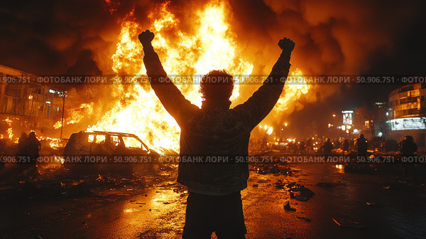 Silhouette of a man with his hands up against a large-scale city fire and riots at night. Bright flames engulfing cars and the street symbolize protest, revolution, chaos or anarchy. The atmosphere of tension and destruction, the frame is filled with dynamics and drama. The image is suitable for illustrating themes of social conflicts, civil unrest, crisis or freedom of expression. Стоковое AI-изображение, AI-художник Анна Кривицкая / Фотобанк Лори