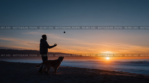Silhouette of a person playing fetch with a dog at sunset on a tranquil beach. Стоковое AI-изображение, AI-художник Сергей Толмачёв / Фотобанк Лори