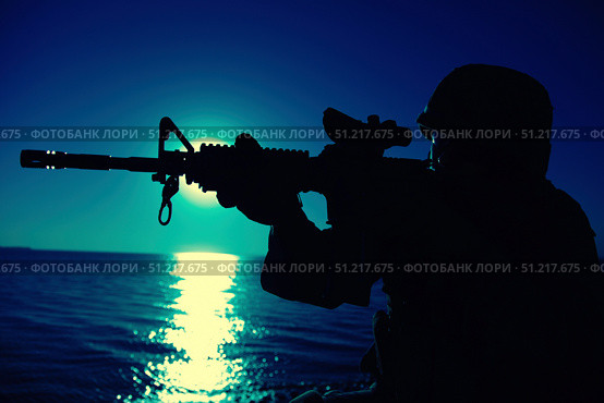 Silhouette of a soldier aiming assault rifle with collimator sight at night. Oleg Zabielin / Stocktrek Images/TASS. Стоковое фото, агентство ТАСС / Фотобанк Лори