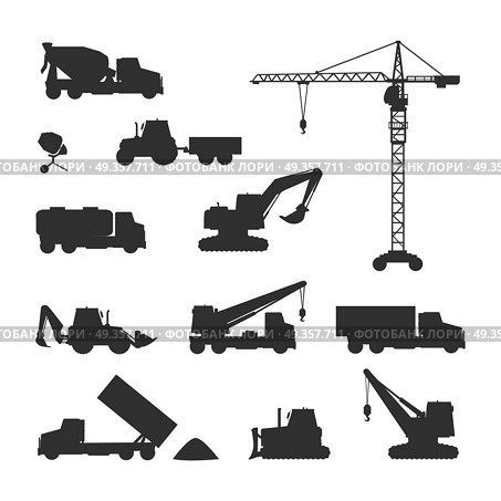 Silhouettes of Construction Machines on White. Construction machines silhouettes set. Building cranes, concrete mixers, excavators, trucks, bulldozer vector illustrations isolated on white background. For building company ad, infographics design. Silhouettes of Construction Machines on White. Стоковая иллюстрация, агентство Ingram Publishing / Фотобанк Лори