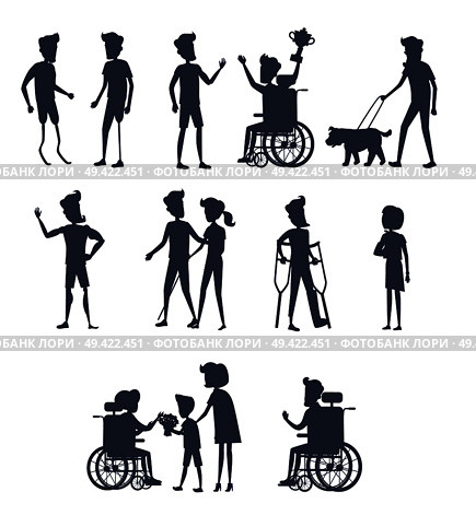 Silhouettes of disable humans on wheelchairs or on prostheses walking, winning, accepts congratulations. People with disabilities vector illustration. Silhouettes of Disable Humans on Wheelchairs. Стоковая иллюстрация, агентство Ingram Publishing / Фотобанк Лори
