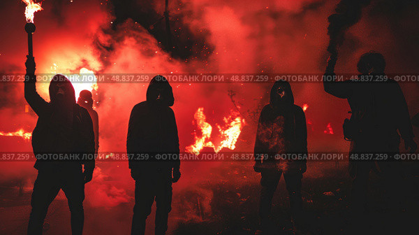 Silhouettes of five people stand against a backdrop of red smoke and flames, their faces obscured. Стоковое AI-изображение, AI-художник Данила Большаков / Фотобанк Лори