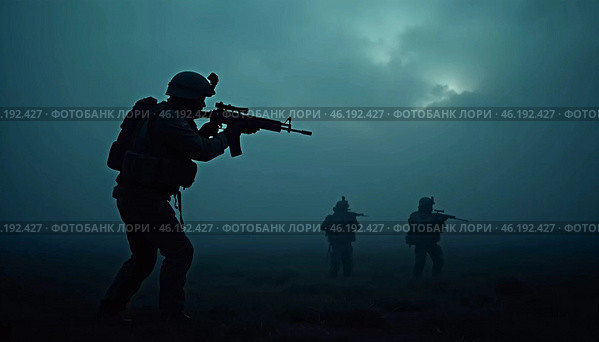 Silhouettes of military soldiers maneuver through thick fog, preparing for an active confrontation. Atmosphere is tense as the sun begins to rise. The military goes on the night attack. Generative AI. Стоковое AI-изображение, AI-художник Юлия Петровская / Фотобанк Лори