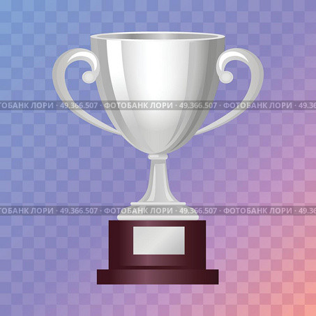 Silver Cup on Big Base with Light Blue Background. Silver cup on big base. Real award. 3d icon. Contemporary great shiny and glossy, brightly trophy on brown base. Win. Achievement. Flat design. Vector illustration. Стоковая иллюстрация, агентство Ingram Publishing / Фотобанк Лори