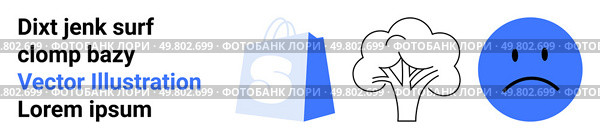 Simple blue shopping bag beside sample text and blue sad face emotion. Ideal for e-commerce, retail, mental health, eco-friendly initiatives, and marketing. Landing page. Blue Shopping Bag with Text and Sad Face Symbolizing Retail and Emotions. Стоковая иллюстрация, агентство Ingram Publishing / Фотобанк Лори