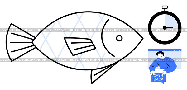 Simple design of a fish, a stopwatch, and a cash back notification. Ideal for finance, e-commerce, shopping, time management, and aquatic themes. Modern, minimal, clean style. Fish with Stopwatch and Cash Back Illustration. Стоковая иллюстрация, агентство Ingram Publishing / Фотобанк Лори