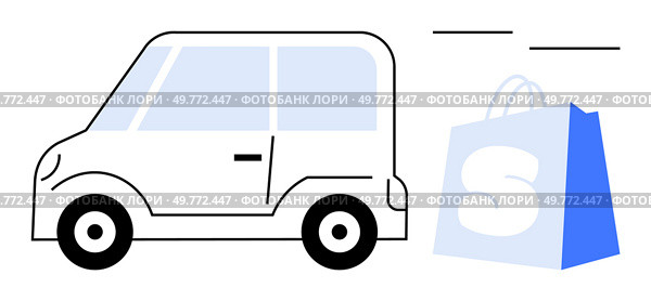 Simple drawing of a small car and a large shopping bag. Ideal for urban deliveries, eco-friendly transportation, e-commerce, online shopping, and logistics. Minimalist vector style. Small Car and Shopping Bag Representing Eco-Friendly Urban Deliveries. Стоковая иллюстрация, агентство Ingram Publishing / Фотобанк Лори