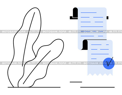 Simple plant outline and receipt with blue check mark highlight themes of financial transactions and completing tasks. Ideal for finance, accounting, business, approval processes, and productivity. Minimalist depiction of a plant beside a receipt with a check mark, representing completion or approval. Стоковая иллюстрация, агентство Ingram Publishing / Фотобанк Лори