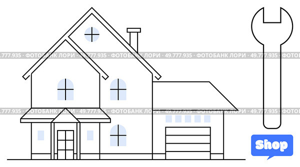 Simple styled house with garage attached, multiple windows, chimney, and entrance porch. Wrench symbolizes repair and maintenance. Shop icon provides commercial context. Ideal for home improvement. Modern House with Garage and Wrench Symbol for Maintenance and Online Shopping. Стоковая иллюстрация, агентство Ingram Publishing / Фотобанк Лори