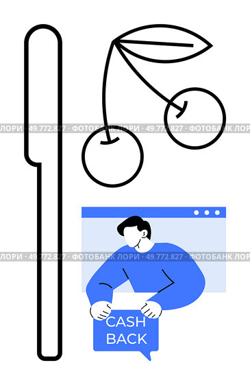 Simplistic line art of cherries and an online cashback offer. Ideal for digital marketing, e-commerce, promotions, financial savings, and customer rewards. Minimalist vector style. Simplistic Line Art of Cherries and Online Cashback Concept in Blue and Black Colors. Стоковая иллюстрация, агентство Ingram Publishing / Фотобанк Лори