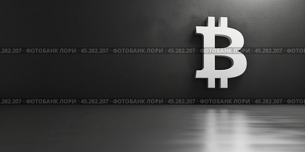 Символ биткоина в помещении на стене. Стоковое AI-изображение, AI-художник Александр Жуков / Фотобанк Лори