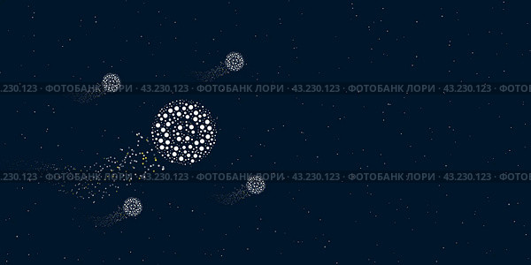 Символ граммофонной пластинки, заполненный точками, летит сквозь звезды, оставляя за собой след. Вокруг расположены четыре маленьких символа. Иллюстрация на темно-синем фоне со звездами. Стоковая иллюстрация, иллюстратор Карпенко Алексей / Фотобанк Лори
