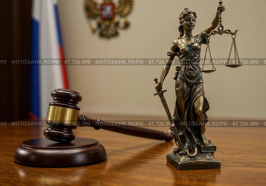 Символ справедливости и правопорядка в российском суде, молоток и Фемида на столе судьи. Стоковое AI-изображение, AI-художник Сергей Никифоров-Гордеев / Фотобанк Лори
