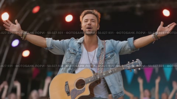 Singer performing live on stage with acoustic guitar. Стоковое AI-видео, аниматор Юрий Поздников / Фотобанк Лори
