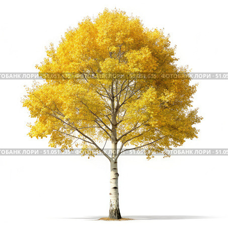 Single Aspen Tree With Golden Leaves Against White Background. Generative AI. Стоковое AI-изображение, AI-художник Roman Zavorotny / Фотобанк Лори