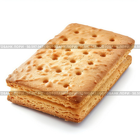 Single rectangular cracker laying on white surface. Стоковое AI-изображение, AI-художник Иван Рябоконь / Фотобанк Лори