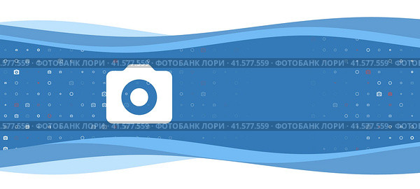 Синий волнистый баннер с белым символом фотоаппарата слева. На заднем плане видны маленькие белые фигуры, некоторые выделены красным цветом. С правой стороны есть пустое место для текста. Стоковая иллюстрация, иллюстратор Карпенко Алексей / Фотобанк Лори