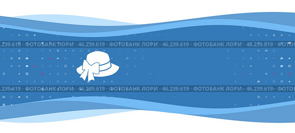 Синий волнистый баннер с символом белой женской шляпы слева. На заднем плане изображены маленькие белые фигуры, некоторые из них выделены красным. Справа есть пустое место для текста. Стоковая иллюстрация, иллюстратор Карпенко Алексей / Фотобанк Лори