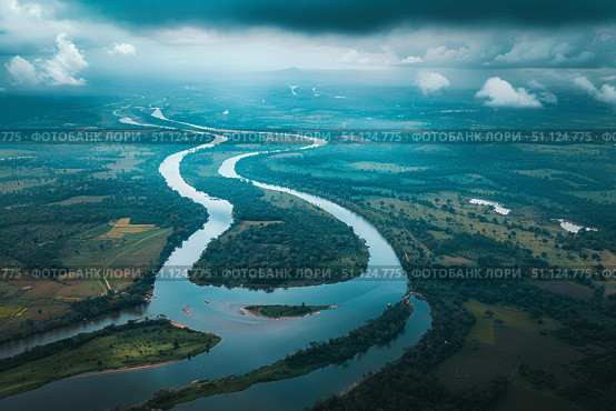 Sinuous river meandering through lush green landscape under dramatic sky. Стоковое AI-изображение, AI-художник Иван Рябоконь / Фотобанк Лори