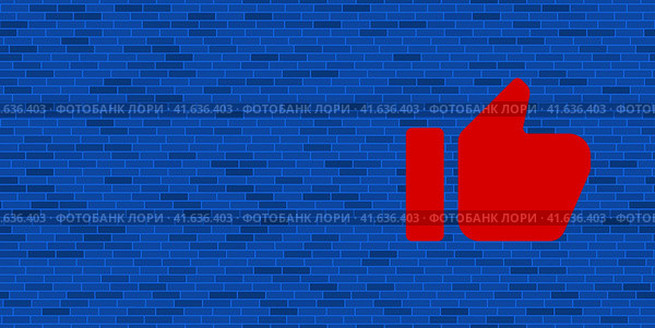 Синяя кирпичная стена с большим красным символом, поднятым большим пальцем вверх. Символ расположен справа, слева есть пустое место для вашего контента. Иллюстрация на синем фоне. Стоковая иллюстрация, иллюстратор Карпенко Алексей / Фотобанк Лори