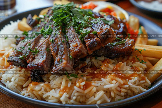 Sizzling grilled steak resting on fluffy rice with french fries and herbs. Стоковое AI-изображение, AI-художник Иван Рябоконь / Фотобанк Лори