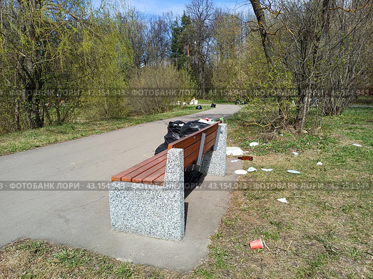 Скамейка для отдыха. Национальный парк «Лосиный остров». Район Гольяново. Город Москва (2024 год). Редакционное фото, фотограф lana1501 / Фотобанк Лори