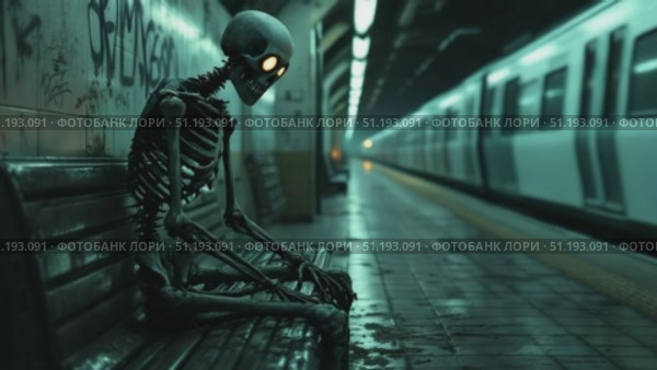 Skeleton figure sitting on bench in dimly lit subway station with approaching train in background. Стоковое AI-видео, аниматор Данил Руденко / Фотобанк Лори