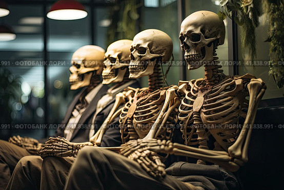 Skeletons sitting in a waiting room. Hospital, clinic, dental office. Waiting kills. Стоковое AI-изображение, AI-художник Ирина Михайличенко / Фотобанк Лори